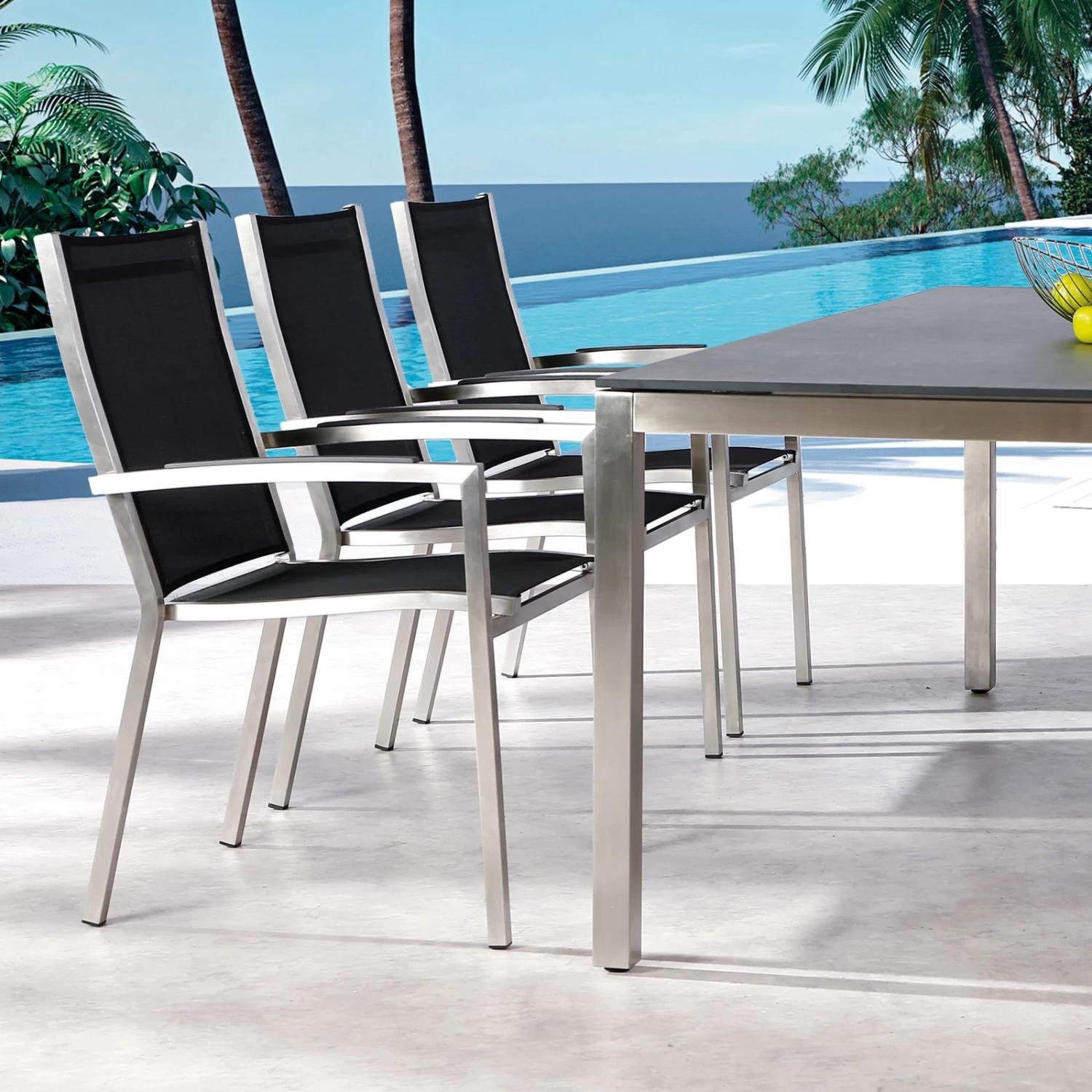 Best Edelstahl-Stapelsessel "Marbella", Hohe Rückenlehne, Textilen Schwarz – Bild 2